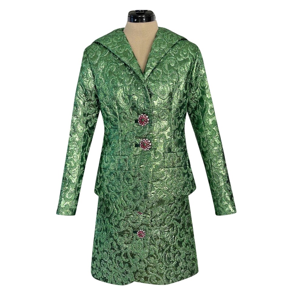 Ady Couture Lausanne YSL Skirt Suit Women Green‎ Metallic Brocade 1989 Vtg M